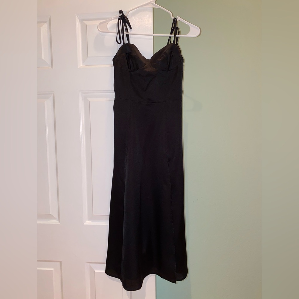 Black Balconette Satin Midi Dress | Shoulder Tie | Side Slit